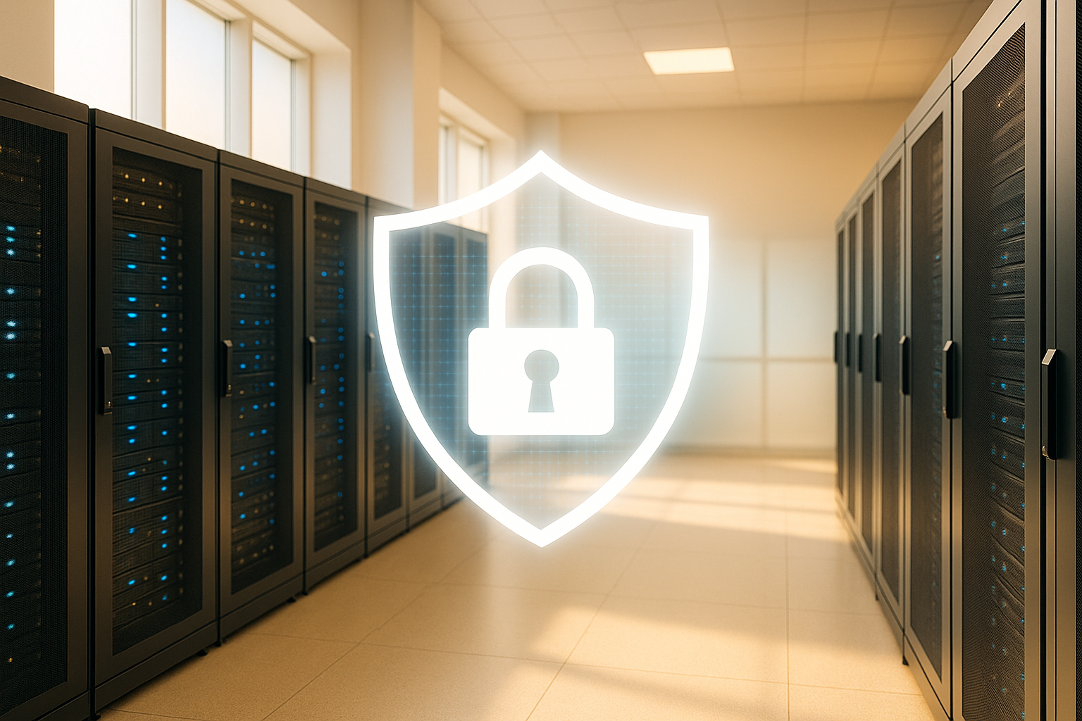 Secure server room with cybersecurity shield protection